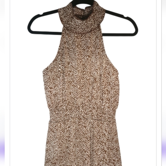 Maurices Brown Cream Smock Mock Neck Halter Sleeveless Asymmetrical Dress XS Mid - Picture 4 of 11